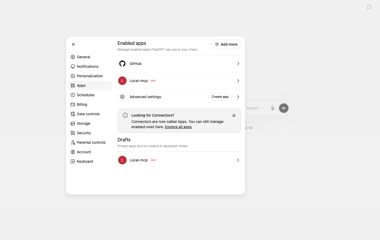 ChatGPT Settings → Apps showing the Local-mcp app and the Create app button