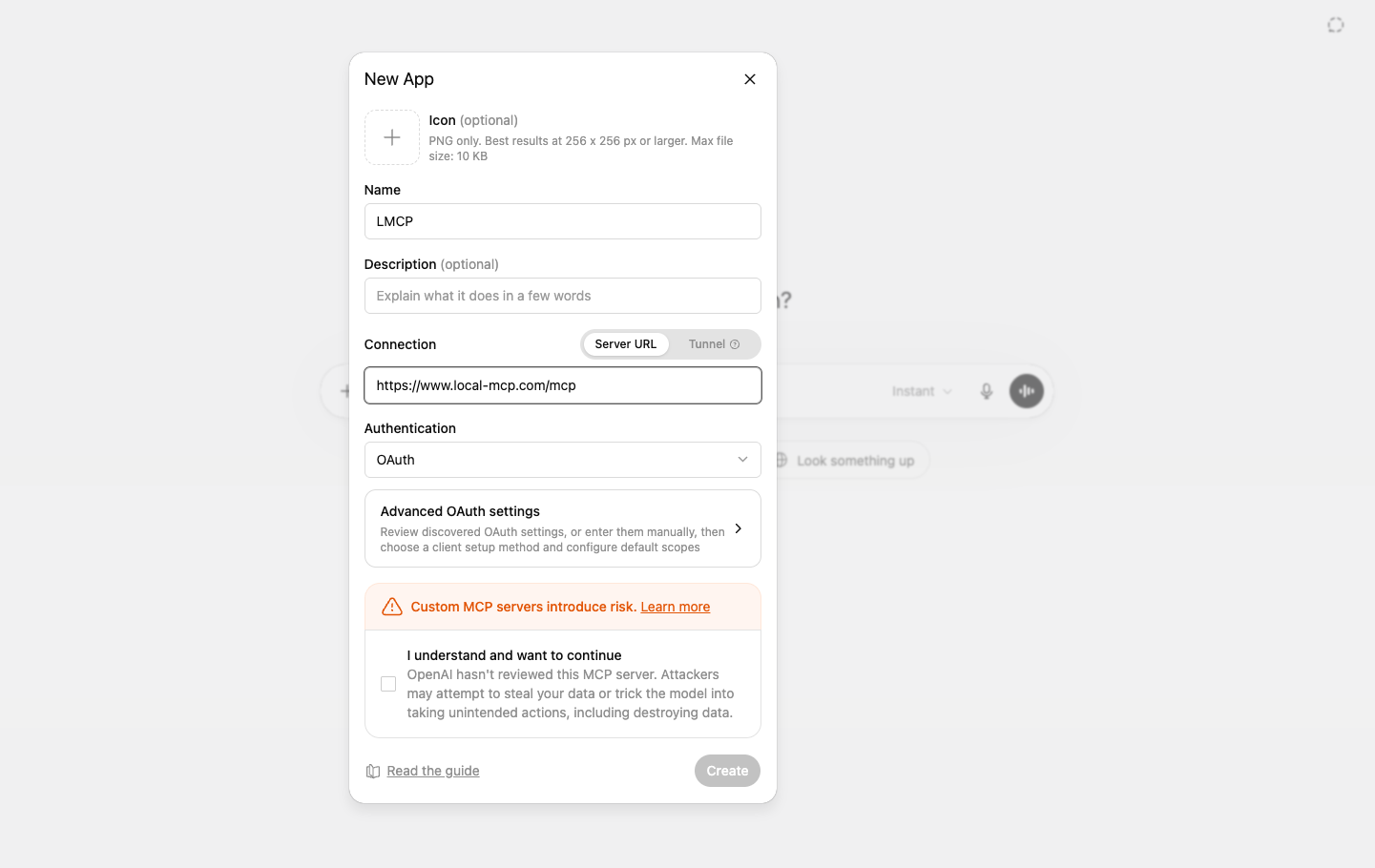 New App form with Name LMCP, Server URL https://www.local-mcp.com/mcp and Authentication OAuth
