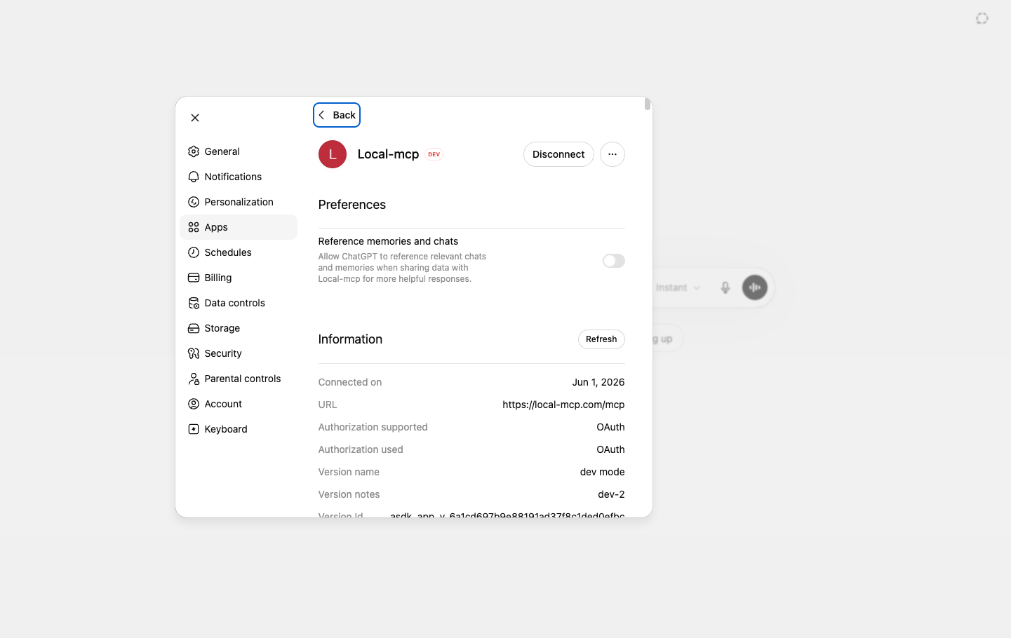 Local-mcp app showing Connected with a Disconnect button and Authorization used OAuth