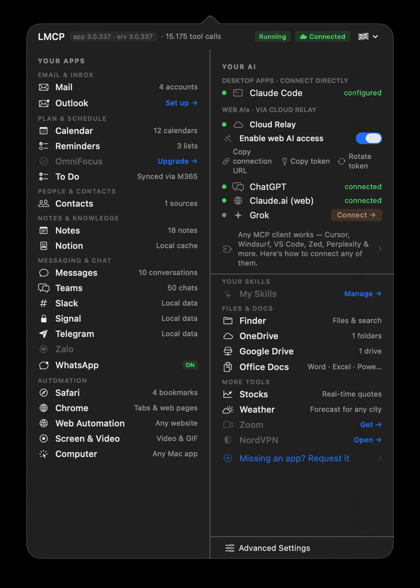 LMCP menu bar app showing 15 connected apps